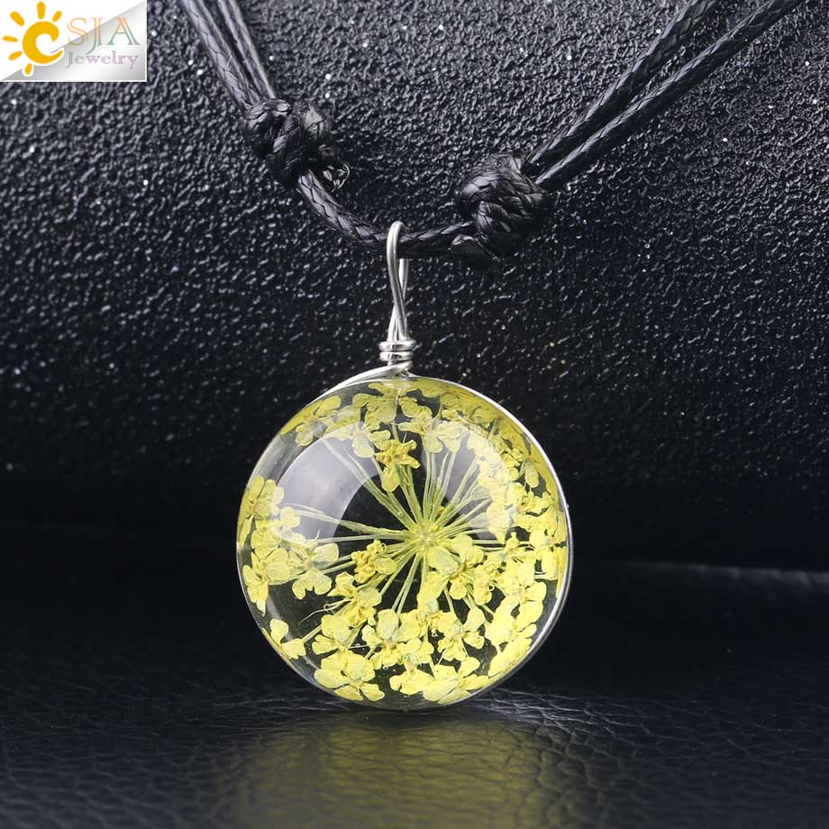 CSJA Decorativo di Modo di Fiori Secchi Collane & Pendenti con gemme e perle di Vetro Palla A Secco Pianta Pendente Corda di Cuoio per le Donne di Fascino Dei Monili F586: Yellow