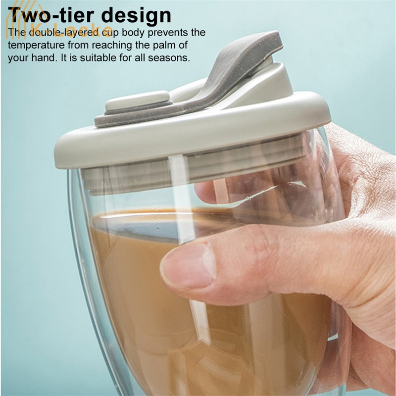 Portable Leak Proof Double Wall Glass Cup With Airtight Silica Gel Lid Insulated Coffee Mug Tea Juice Cup