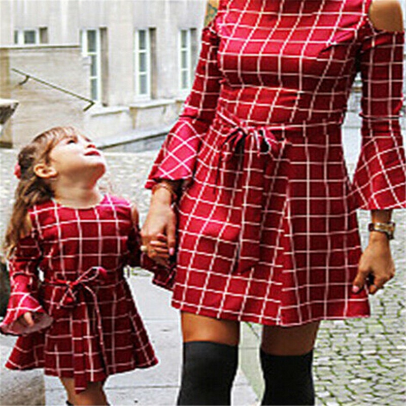 Familie matchende tøj mor datter kjoler kvinder stribet plaid baby pige mini a-line kjole mor baby pige fest tøj
