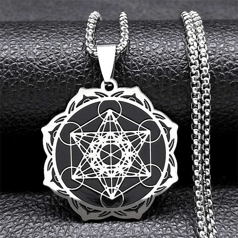 Sacred Geometry Metatron Cube Angel Seal Archangel Necklace for Women Men Stainless Steel Flower of Life Lotus Chain Jewelry: Light Yellow Gold Color