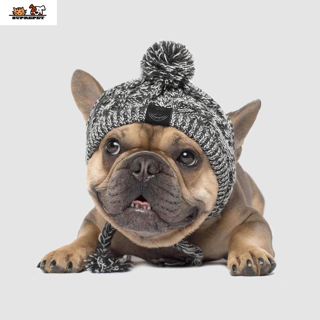 Superpet vinter varm hund hatte vindtæt strikning fransk bulldog hat til hunde chihuahua hat fluffy bold hvalp tilbehør kæledyr hat: 53-61cm