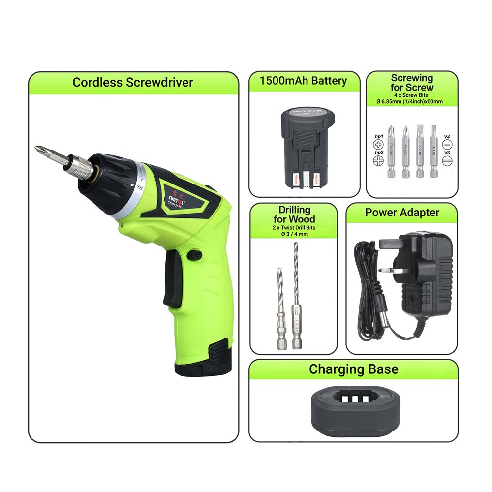 6.0N.m Cordless Electric Screwdriver 2PCS Rechargeable 1500mAh Li-ion 7 Torque Setting 2 Position Handle with 6 Accessories