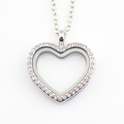 30mm heart floating locket with rhinestones, FN0035(chains included for free)