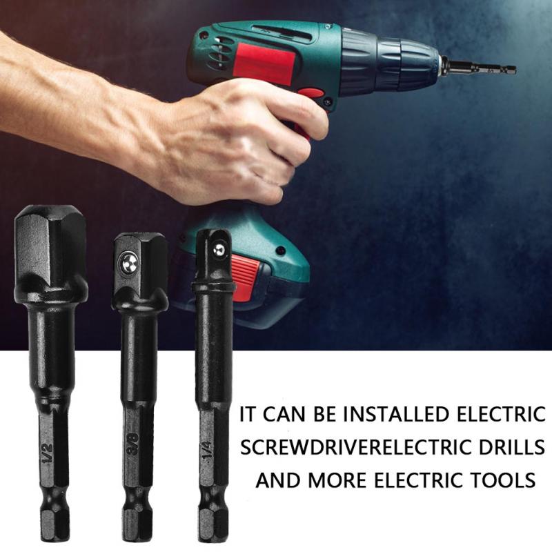 3 stk fatningsadapter 1/4 " sekskantskaft  to 1/4 " 3/8 " 1/2 " firkantet borehoved rabat