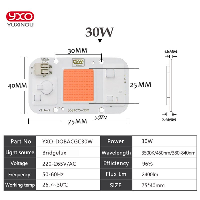 Hydroponice dob ac led cob chip til vækst plante lys fuldt spektrum  ac 220v 20w 30w 50w til indendørs plante frøplante vokse blomst