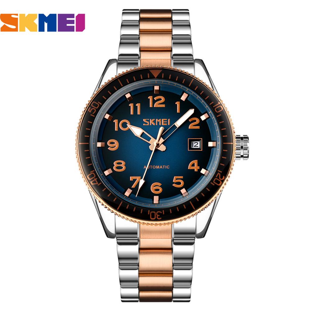 Skmei Top Luxe Horloges Mannen Bussiness Stijl Mechanische Horloge Roestvrij Staal Automatische Horloge Voor Mannen Reloj Hombre: Silver Gold-Blue