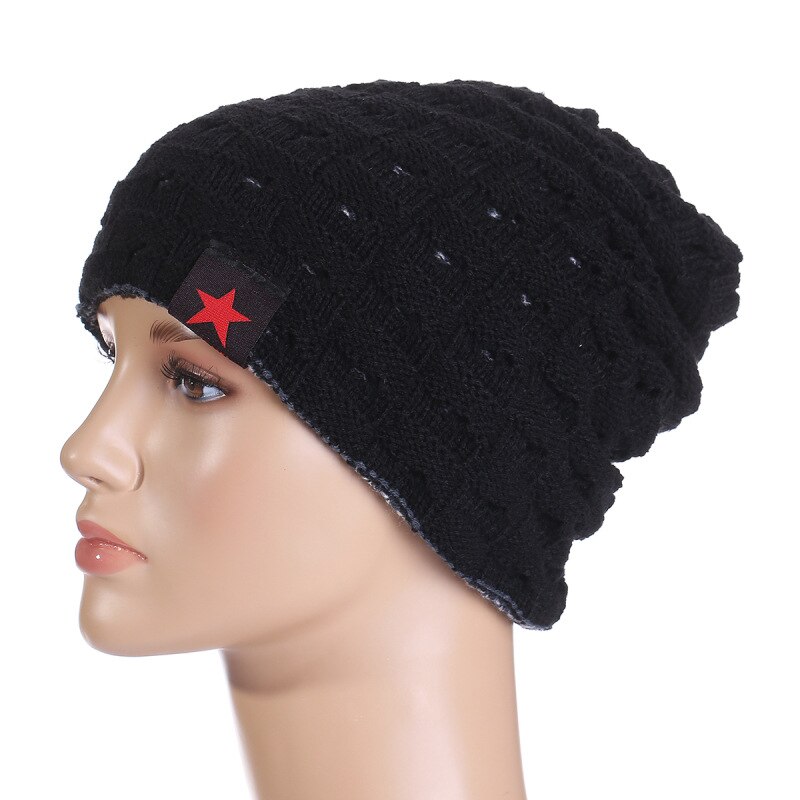 Invierno de los Hombres Calientes estrella cráneo grueso sombrero de las mujeres de punto gorro Reversible Baggy Snow Cap hombre capuchón de gran tamaño Causal Accesorios: Black