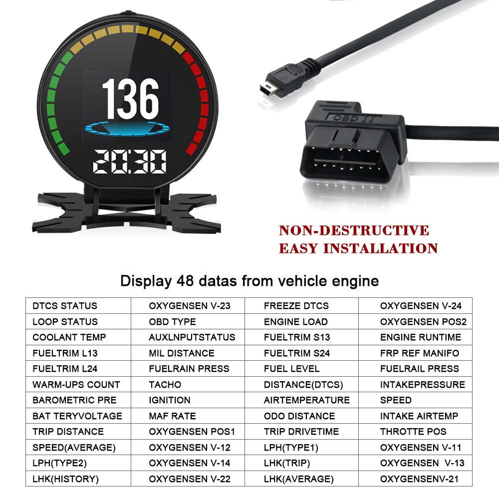 WIIYII P15 Head-Up Display HUD OBD2 Temperature Car KM/h MPH Turbo Boost Pressure Speed Projector On The Windshield For Car