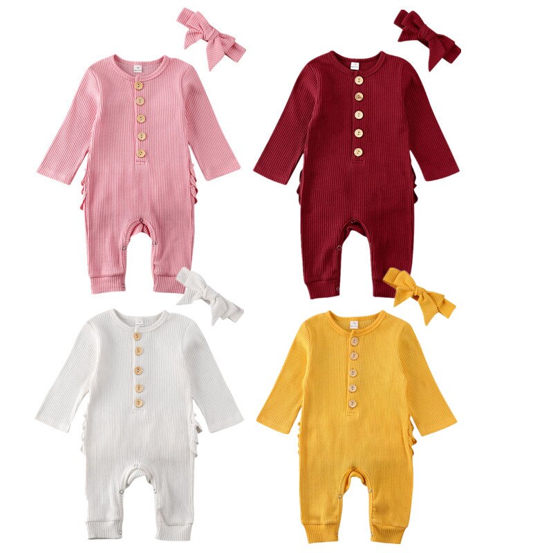 Newborn Baby Boy Girl Rompers Headband 2pcs Outfit Knitted Solid Kong Sleeve Ruffle Romper Jumpsuit Clothes