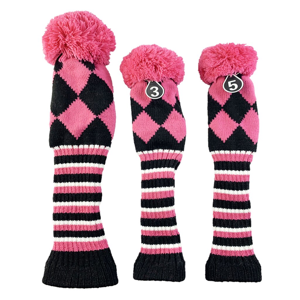 Stripes Knitted Golf Club Head Covers 3 Piece Set 1 3 5 Driver and Fairway HeadCovers with No. Tag: Pink