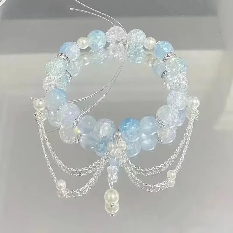 Pulsera de cuentas con colgante de mariposa y flores de cristal rosa coreano para mujer, pulseras de cadena de cuentas dulces, de joyería para novia