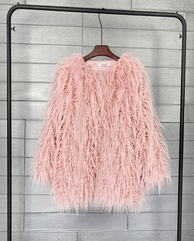 Casaco de pele do falso estilo coreano sólido mid-length rosa mongólia casacos de pele de ovelha para as mulheres inverno do vintage quente casaco de pele artificial: M / Rosa