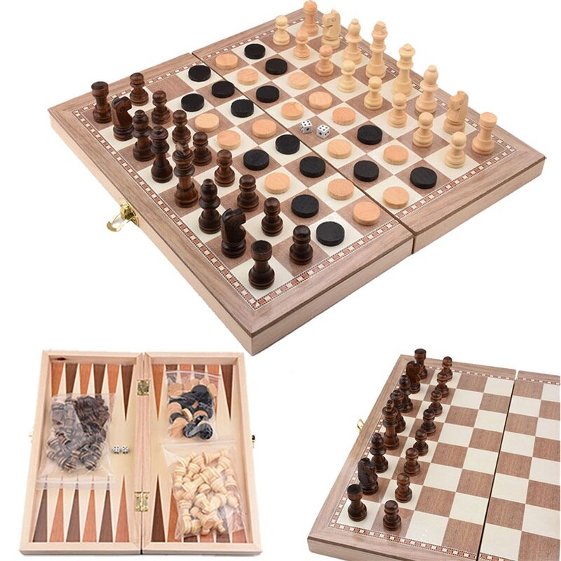 Folding Wooden International Chess Checkers Set Foldable Board Game Funny Game Chessmen Collection Portable Board Game For Kid