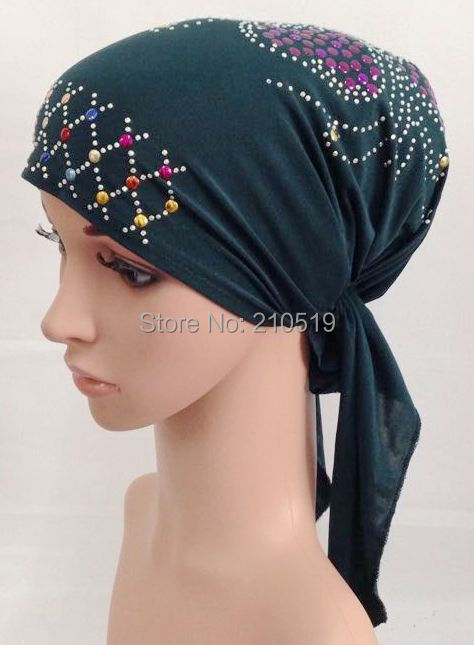 (Paillettes motifs envoyer aléatoire) cristal ITY élastique chapeau musulman hijab turban islamique (Plus de couleurs stock maintenant): 4green