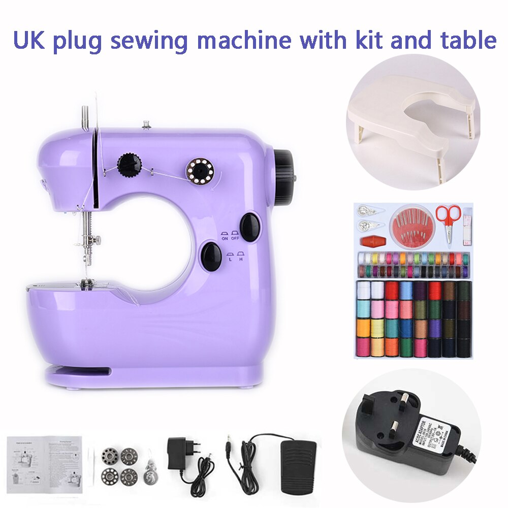 Sewing Machine Mini Portable Electric Household Pedal Multifunctional With Night Light Handmade DIY Purple For Beginners: UK with kit table