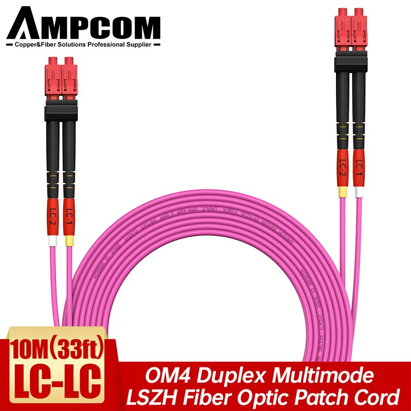 AMPCOM OM4 LC to LC UPC 50/125 Duplex Multimode LSZH 2.0mm Fiber Optic Patch Cable Fiber Optical Jumper Support Customization: 10M