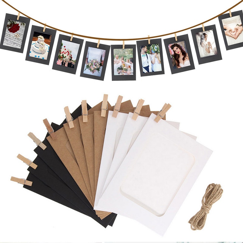 10 Pcs 3 Inch Muur Fotolijst DIY Opknoping Foto Album Frames Combinatie Papier Frame met Clips en 2 M touw Thuis Decoratie