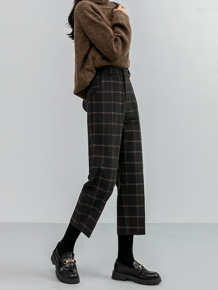 Seoulish Herfst Winter Wollen Plaid Vrouwen Formele Rechte Broek Hoge Taille Enkellange Chic Losse Dames Broek pocket
