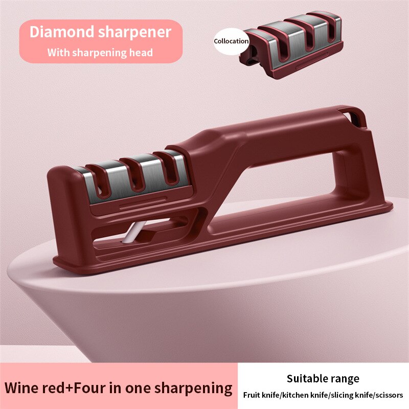 4 In 1 Knife Sharpener Manual Knife Sharpening Tool Scissors Sharpening Stone With 1 More Replace Sharpener Kitchen Accessories: Red-Spare head