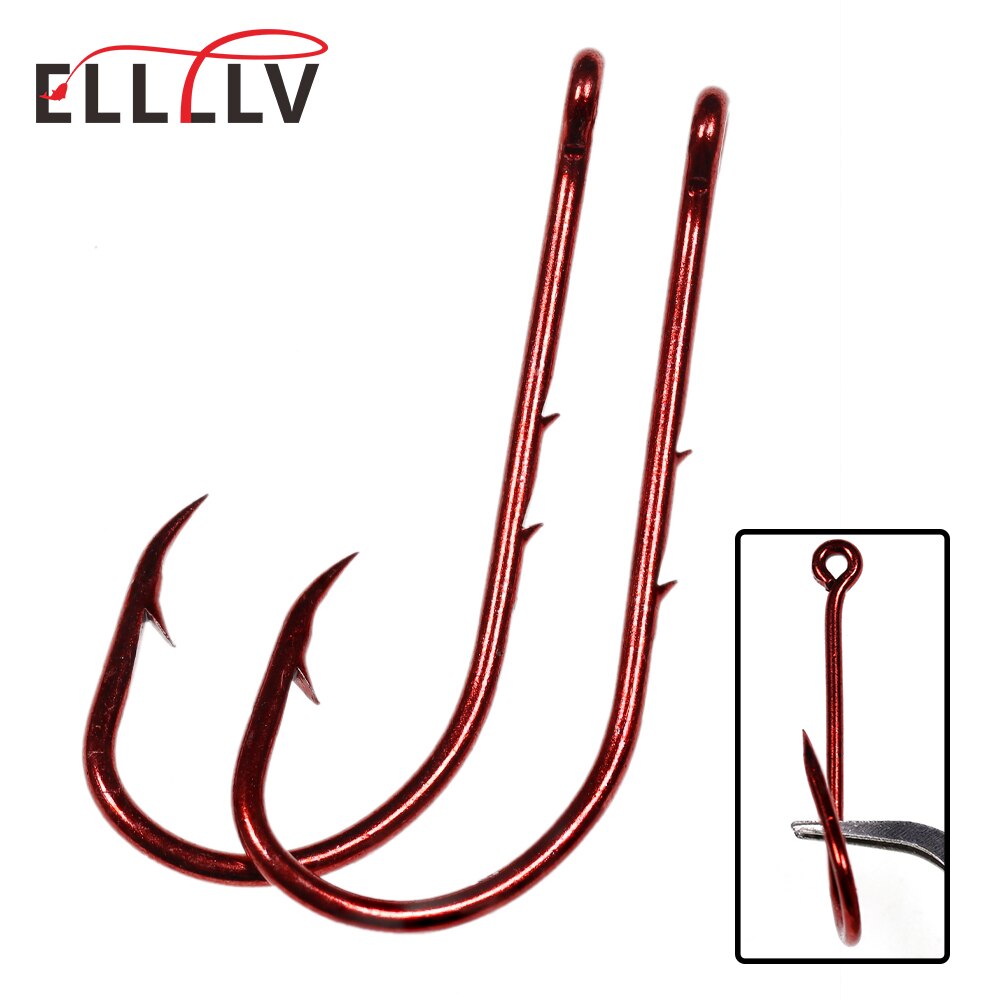 Elllv 20PCS Red Baitholder Fishing Hook Offset Narrow Bait Hook #14 - 5/0 Double Barbs High Carbon Steel Fish Hooks