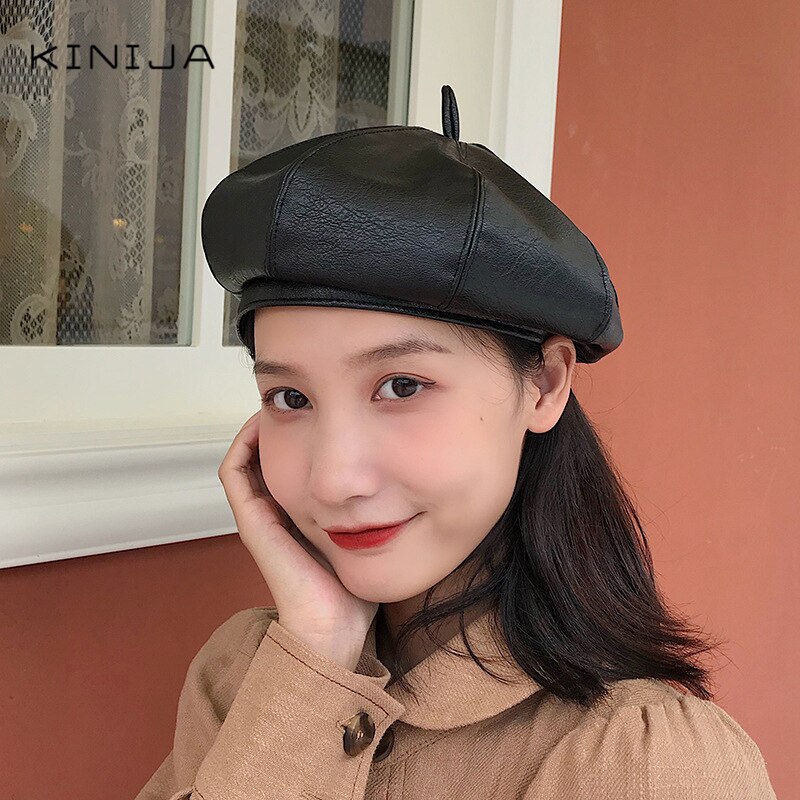 Koreansk efterår og vinter britisk retro baret malers fuld matchende kvindelige pu læder ottekantet maler hat hat
