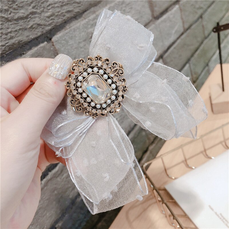 Korean Yarn Bow Spring Clip Crystal Headband Hair Pins Head Jewelry Bridal Headpiece Hair Accessories for Women Wedding: gray