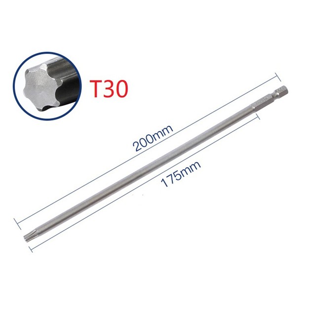 Juego de puntas de destornillador Torx magnético de 200mm de largo, cabeza de destornillador eléctrico T10, T15, T20, T25, T27, T30, 1 ud.: T30
