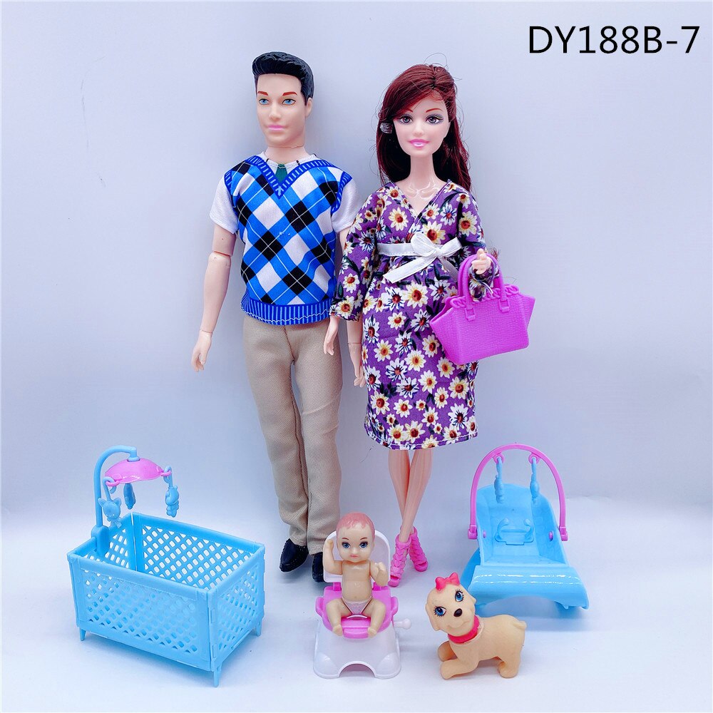 Fashionable 11.5”/30CM male doll + pregnant woman doll dress/small stroller/baby bed/children and girls toys accessories: Purple 