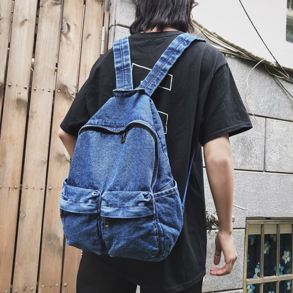 Denim Backpack Women Canvas Travel Bag Women High Capacity Solid Color Backpack Student Zipper School Bag