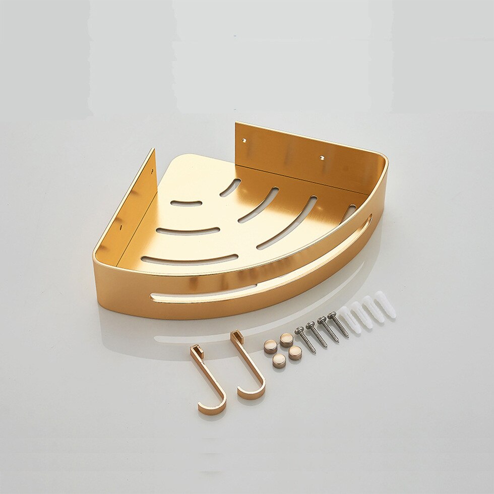 Bathroom Corner Gold Shelf Shower Caddy with Two Hooks Self Adhesive Wall Mount with Screws Storage Shelves Triangle Baskets