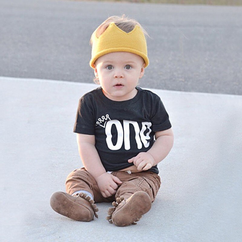 Solid Baby Summer Black ONE Print Short Sleeve Shirt Baby Child Shirt Top Cotton 1PCS