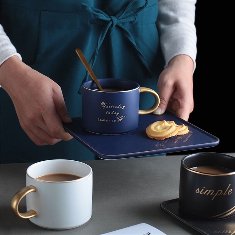 Guldkant lyxig keramisk kontor kaffekopp och fat set mjölk te muggar födelsedag par vänner kopp med sked låda