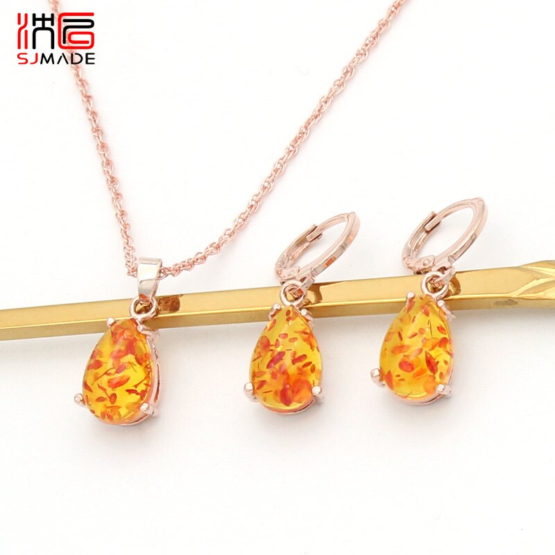 SJMADE Koreaanse Mode Water Imitatie Ambers Dangle Oorbellen Sieraden Sets Voor Vrouwen Meisjes Sieraden 585 Rose Goud Eardrop: RGFL
