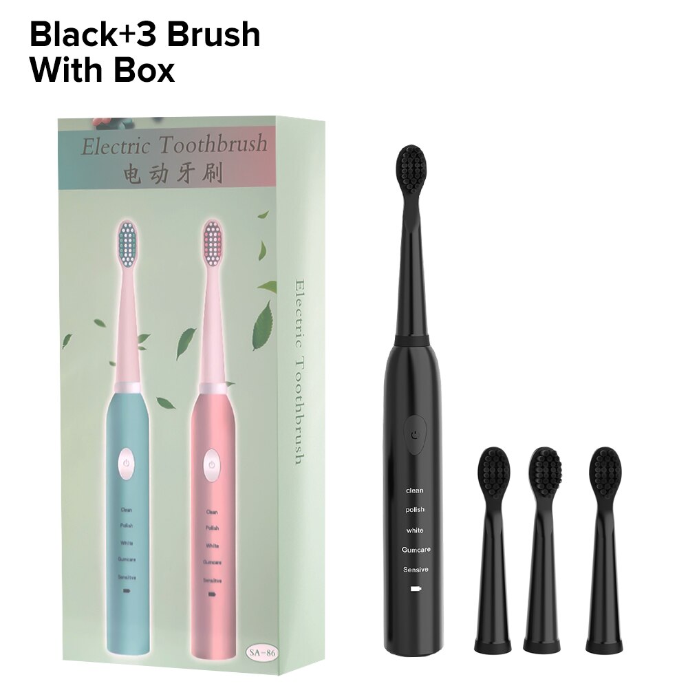 Sonic Electric Toothbrush USB Rechargeable Tooth Brush Electric Five Modes IPX7 Waterproof Adult Sonic Brush Teeth Automatic: Black Add 3 Brush