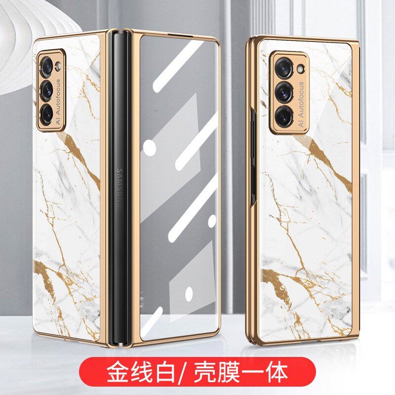 Tempered Glass Case for Samsung Galaxy Z Fold 2 5G Cover All-inclusive Luxury HD Front Glass Shell for Samsung Z Fold 2 Case: Gold line white