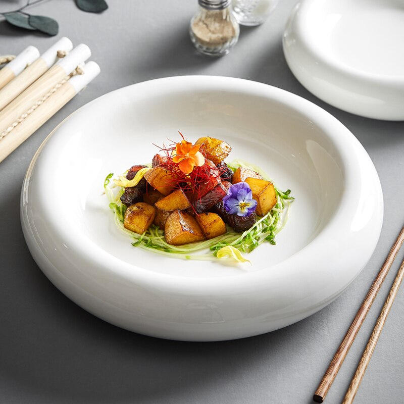 Plato blanco de Hotel, vajilla nórdica, placa de cerámica doméstica, placa de aislamiento, placa gruesa occidental, platos de cena para sala de estar