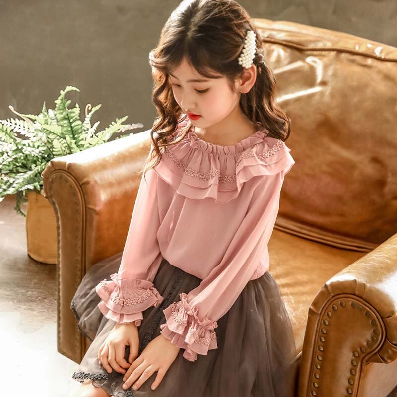 Blusa de manga larga con volantes para niña, camisa de gasa para primavera y verano, ropa para niño, Tops escolares RT408: purple pink / 4T