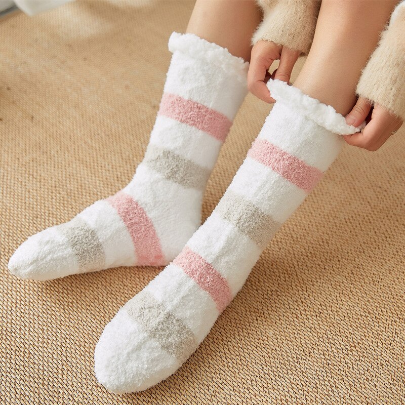 Dames zoete pantoffels sokken antislip print streep winter warme polyester huissokken dames zachte thermische vloer badstof sokken: Wit