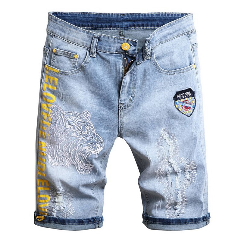 Mode Mannen Zomer Ripped Denim Shorts Borduren Tiger Print Letters Stretch Mannelijke Elastische Gat Korte Jeans: 36