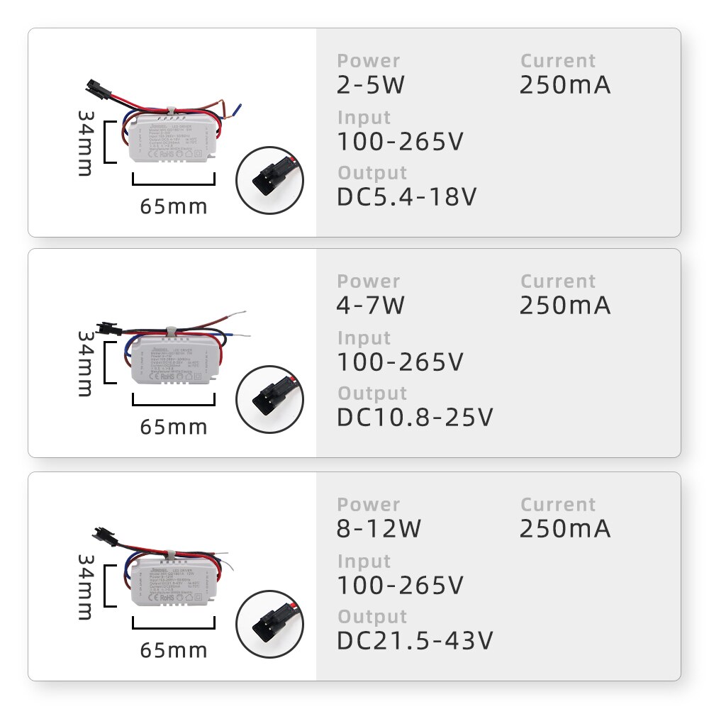 Ac100-265v vakiovirta led -ohjain  dc5.4-360v led -ohjain 250ma vakiovirtalähde 2-5w 4-7w 8-12w 13-18w 80-100w