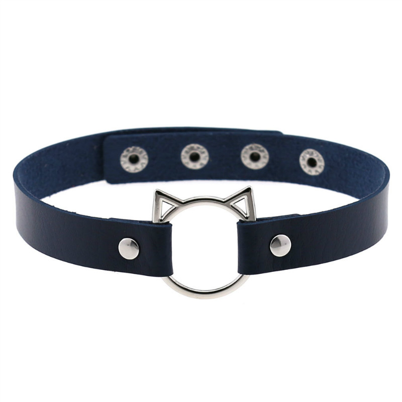 Punk Harajuku Collar Choker Necklace Kit head PU Leather Choker Punk Goth 100% Handmade Neck Bracelet animal Jewelry: CR701N Navy blue