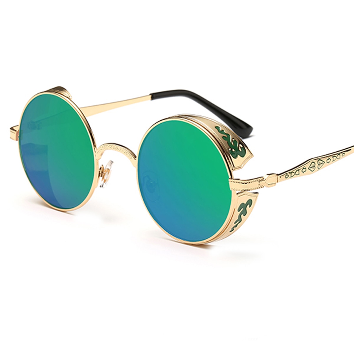 Unisexe rétro Steampunk Style lunettes de soleil lentille ronde métal creux cadre Vintage lunettes pour hommes femmes lunettes de soleil conduite: Gold FrameGreen Film