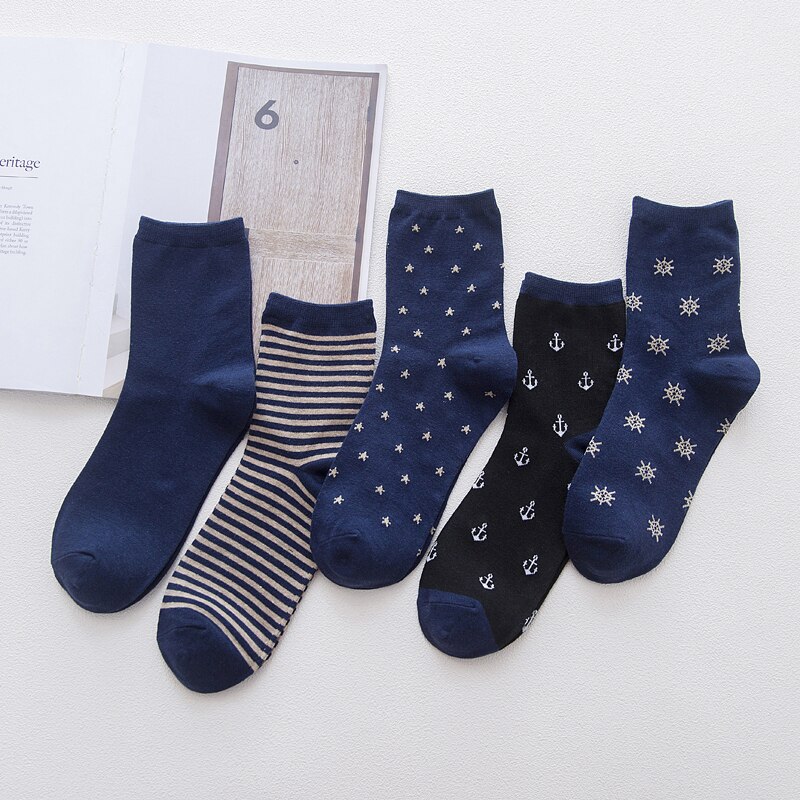 LJIQQ, 5 pares, novedad, azul marino, calcetines azules para hombre, calcetines informales de algodón con personalidad, calcetines de estilo coreano para primavera y verano