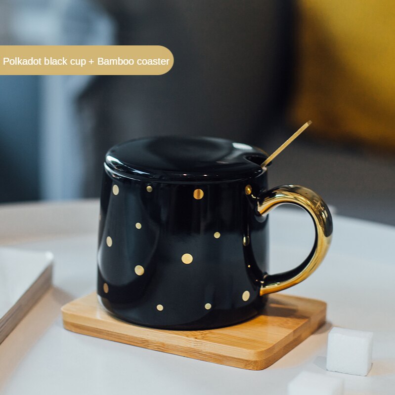 Taza de café de lujo con estampado de lunares a cuadros, geométrica, de cerámica, para desayuno, taza de leche y agua, creativos para parejas: black dot