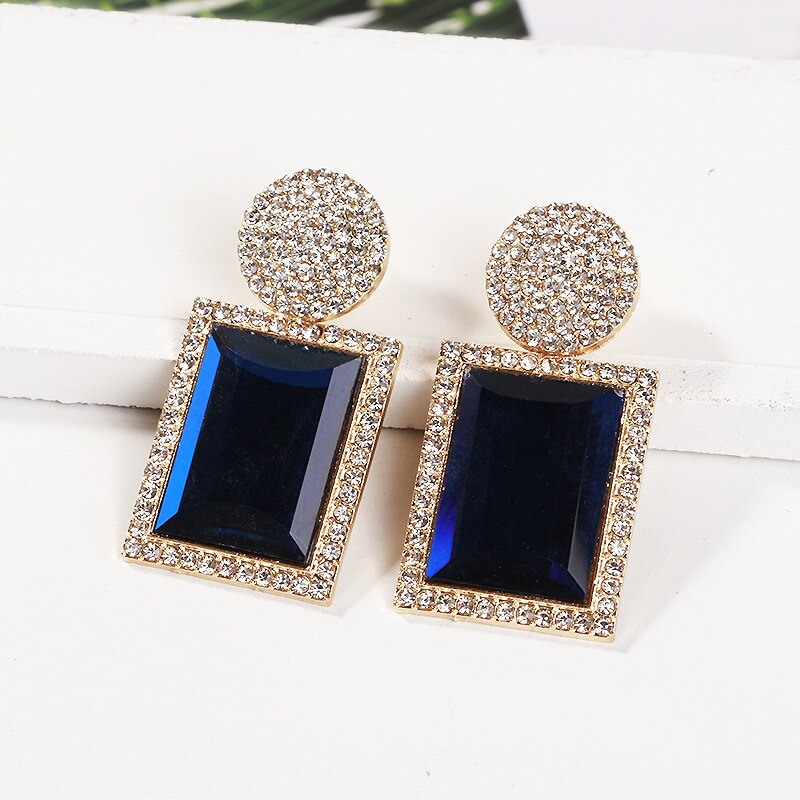 Exknl Luxury Dangle Long Earrings Women Party Square Statement Boho Shiny Crystal Big Earrings Wedding Jewelry: blue