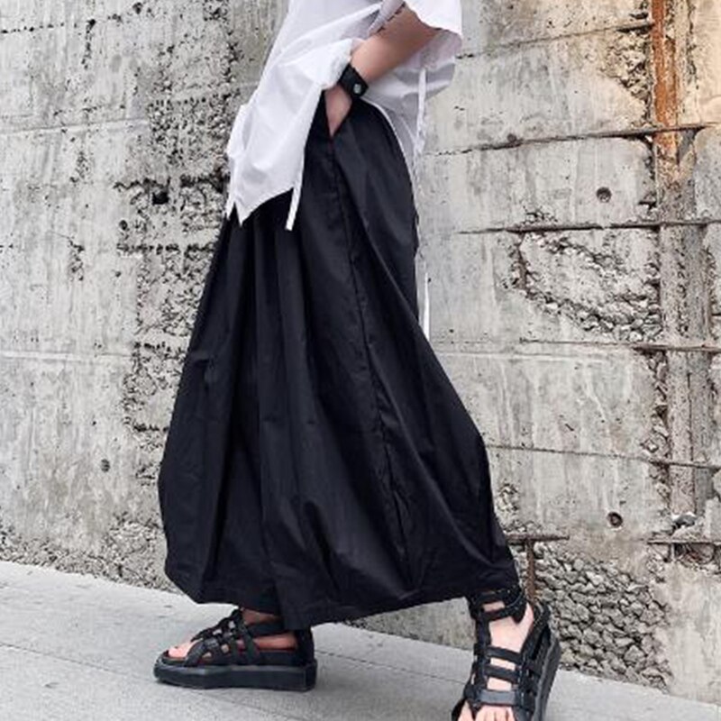 Pantalones holgados informales negros de pierna ancha para hombre, ropa de calle masculina, falda Punk gótica de Hip Hop, pantalones estilo japonés, pantalones Kimono