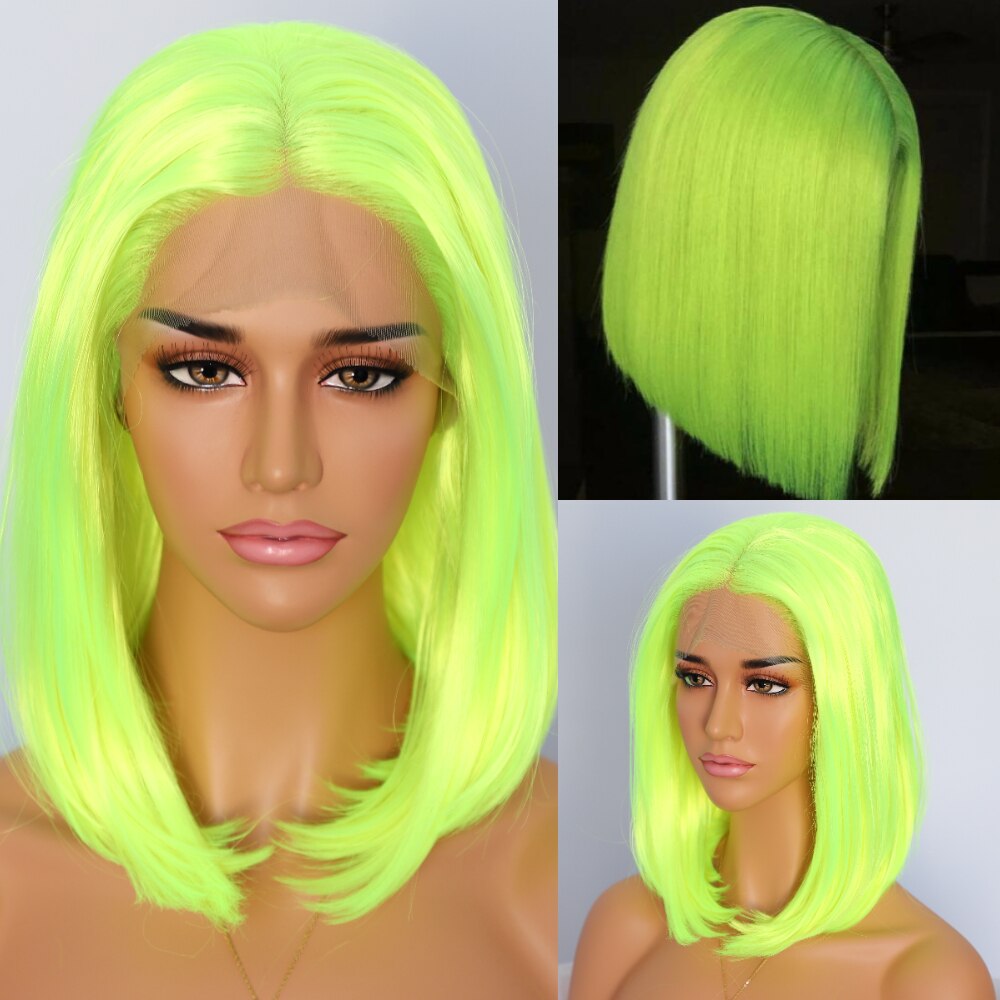 BeautyTown Short Neon Yellow Color Natural Bob Style Queen Makeup Women Wedding Halloween Party Synthetic Lace Front Wig