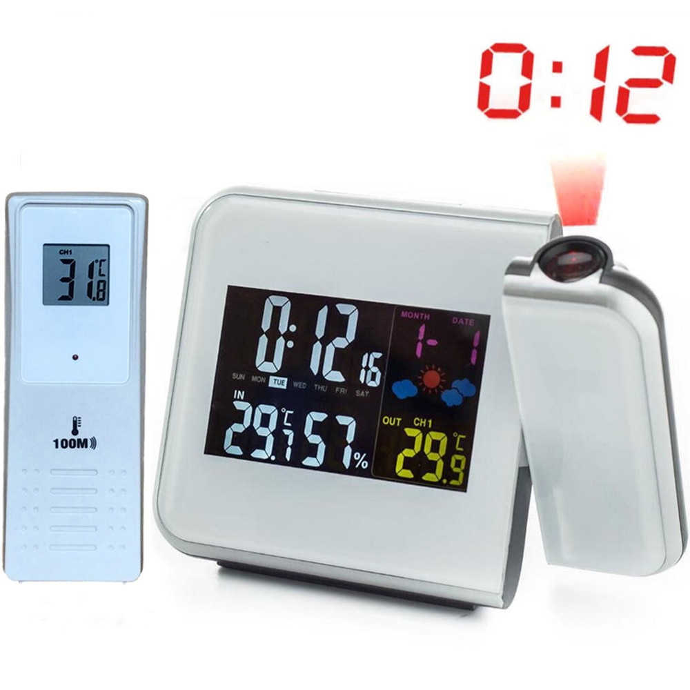 Digitale Weerstation Projectie Wekker Led Projector Met Thermometer Vochtigheid Hygrometer In-Outdoor Temperatuur Meter