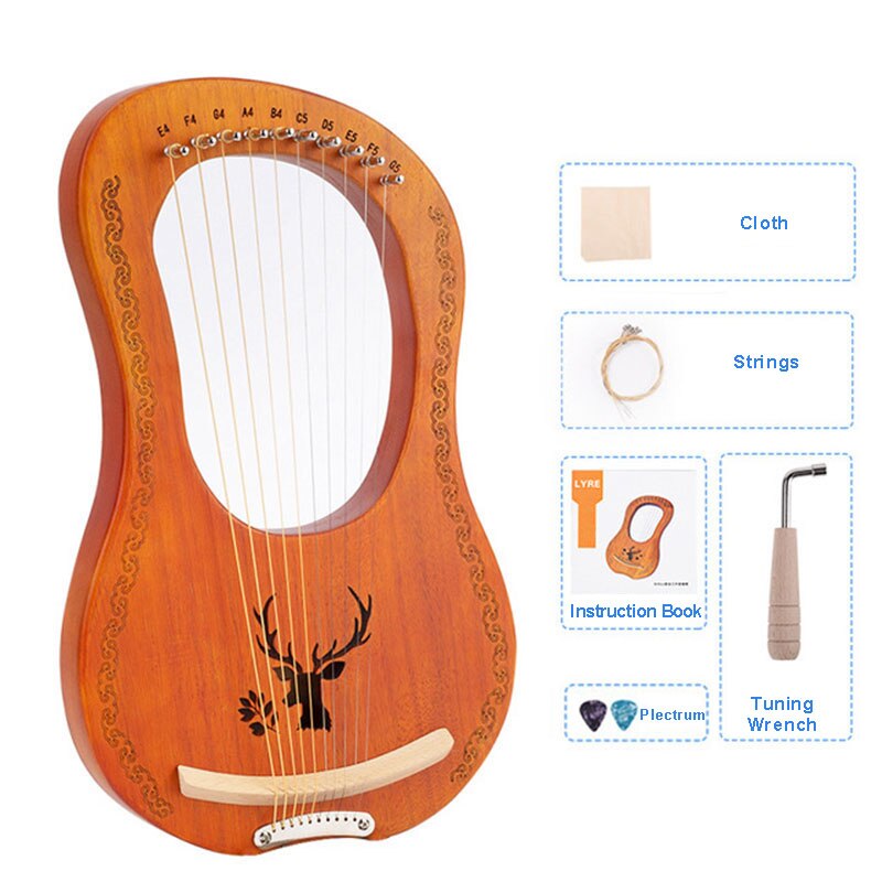 Mahogany 10 Strings Lyre Harp Greek Small Musical Instrument Including Instruction Tuning Wrench Plectrum Cloth For Beginners: Elk Wood