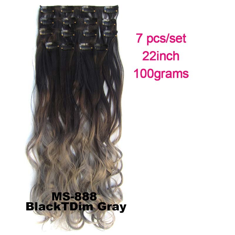 Extensiones de pelo sintético ondulado 7 unids/set, Clip de 22 pulgadas, 100g, Color negro, marrón, degradado postizo, resistente al calor